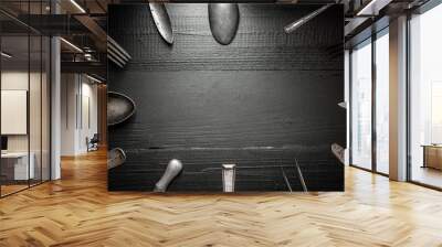 Rustic Silverware on Dark Wooden Background. Kitchen and Restaurant Concept. Wall mural