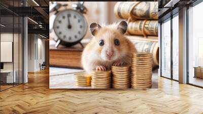 Hamster and a stack of gold coins on a white wooden table above the Wall mural