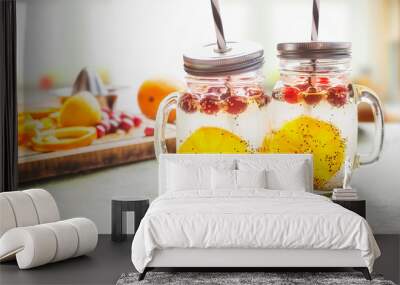 Breakfast Chia seeds water in Mason jars on table with orange slices and cranberries. Natural detox energy drink.  Proper nutrition, healthy supplements. Transparent drink. Superfood and dieting Wall mural