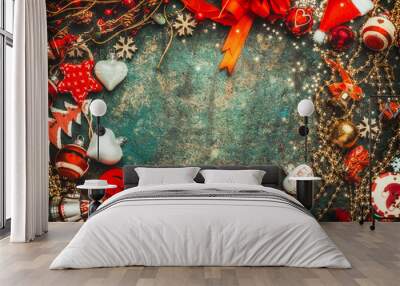 Christmas background with various red and white holiday decoration, top view, frame Wall mural