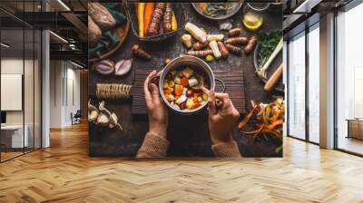 female woman hands holding pan with diced colorful vegetables and a spoon on rustic kitchen table wi Wall mural