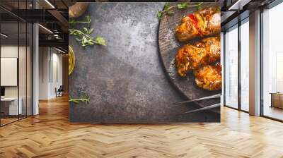 Grill food background with marinated skewers, meat fork, herbs spices and oil on dark rust metal background, top view, place for text, horizontal Wall mural