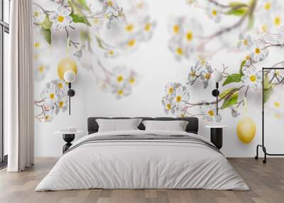 Hanging yellow Easter eggs and spring blossom branches at white wall background, banner. Fresh modern decorative Easter concept Wall mural