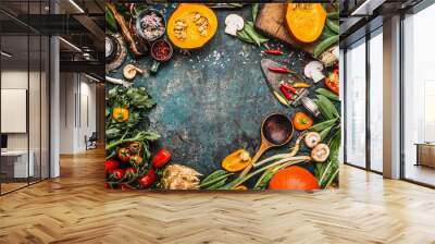 Healthy and organic harvest vegetables and ingredients: pumpkin, greens, tomatoes,kale,leek,chard,celery on rustic kitchen table background for tasty Thanksgiving seasonal cooking, frame, top view Wall mural