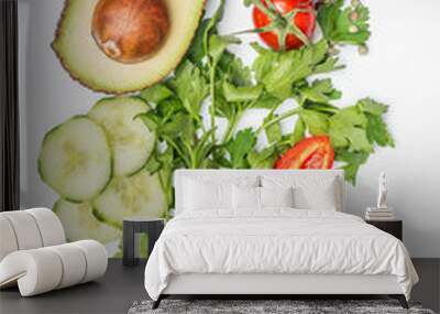 Healthy clean eating layout, vegetarian food and diet nutrition concept. Various fresh vegetables ingredients for salad on white table background, top view, close up Wall mural