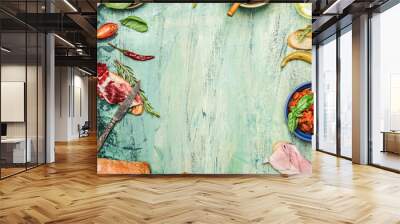 various antipasti with ciabatta bread, pesto and ham on rustic wooden background, top view, frame. Italian food and snack concept Wall mural