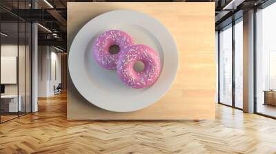 3d rendering of two pink chocolate covered doughnuts on a plate on a wooden wall Wall mural