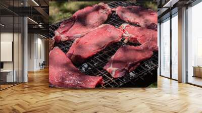 high quality beef chunks being prepared on a barbecue grill Wall mural