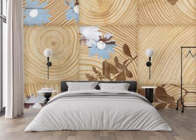 blue modern flowers and wood grain texture Wall mural