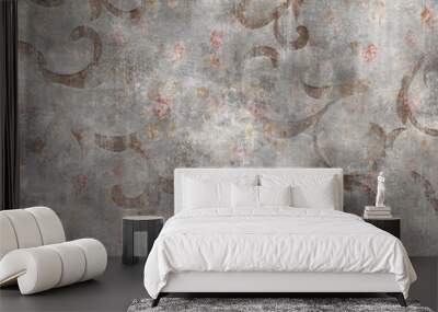 Brown leaves pattern with cement texture, vintage wallpaper background Wall mural