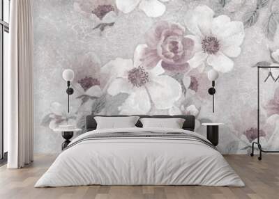 Pink Flowers on the old crackle wall background, wallpaper design Wall mural