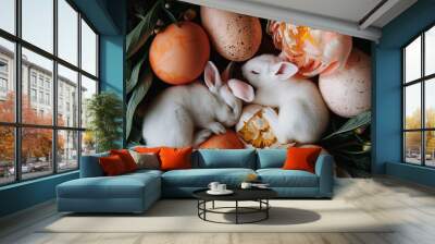 Two cute white bunnies sleep in a bed of pastel eggs with a few dark pink peonies in full bloom Wall mural