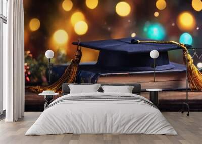 A black graduation cap with golden tassels rests on a stack of books, surrounded by Christmas ornaments. The warm, festive lights in the background convey a sense of academic achievement during the Wall mural