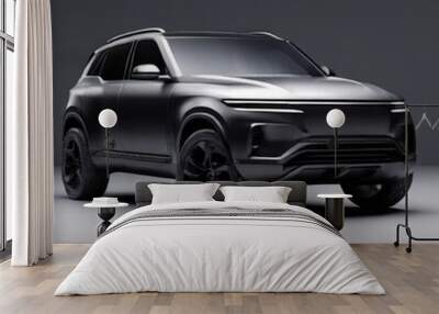 A black SUV with a matte finish is displayed under soft lighting in a dark studio, showcasing its modern design and rugged, sleek look. The vehicle's bold and commanding presence is emphasized by the Wall mural