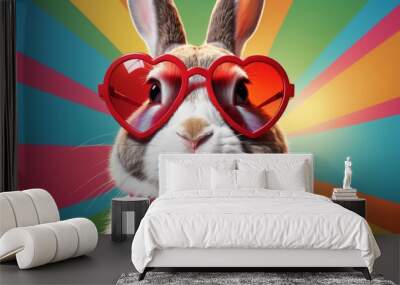 A charming bunny adorned with heart-shaped sunglasses and a collar with a heart, against a vibrant rainbow background Wall mural