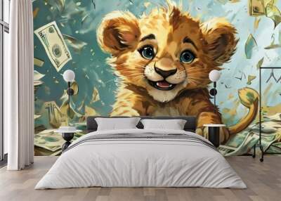 A cheerful lion cub joyfully plays in a pile of dollar bills, creating a whimsical scene. The animated look and vibrant colors add to the lighthearted, fun-filled mood. Wall mural