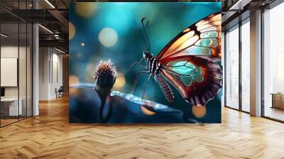 A close-up of a butterfly with stunning transparent wings perched delicately on a flower. The intricate details of the wings and the glowing bokeh lights in the background give the image a magical Wall mural