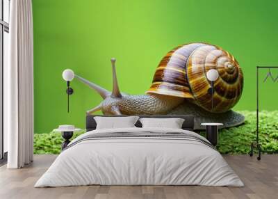 A close-up of a snail crawling on vibrant green moss, showcasing its spiral shell and delicate antennae. The blurred background enhances the focus on the snail, creating a serene and natural scene. Wall mural