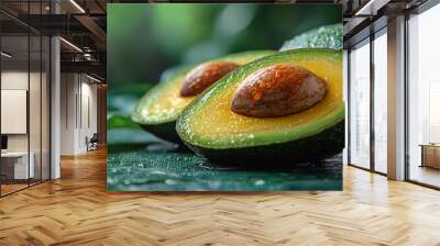 A close-up shot of a ripe halved avocado with its seed, resting on a wet surface. The vibrant green flesh contrasts beautifully with the brown seed, evoking freshness and healthy eating. Wall mural