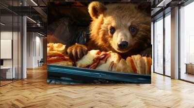 A curious bear cub peeks into a trove of delicious food, surrounded by a variety of colorful and appetizing treats. The scene is playful and inviting, capturing the cub's inquisitive nature and the Wall mural