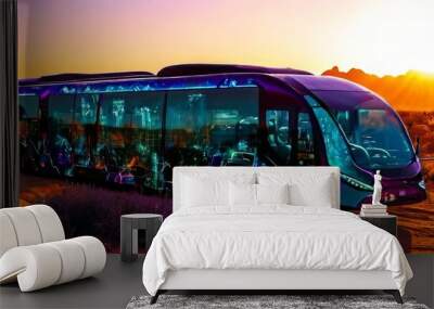 A cutting-edge, futuristic bus with neon lights and sleek design travels through a desert at sunset, reflecting the vibrant colors of the sky. The surreal atmosphere blends advanced technology with Wall mural