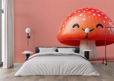 A digital illustration of a smiling mushroom with a red cap and white spots on a pink background. The adorable and whimsical design creates a cheerful and enchanting mood, perfect for playful and Wall mural