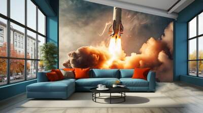 A dramatic scene of a space shuttle launching into the sky, leaving behind a trail of fiery exhaust. The image captures the power and intensity of space exploration against a backdrop of dark clouds Wall mural