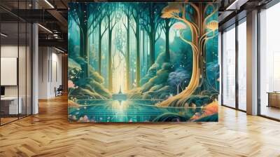 A fantastical scene of an enchanted forest illuminated by glowing trees and home to mythical creatures. The tranquil setting feels magical, filled with wonder and natural beauty. Wall mural