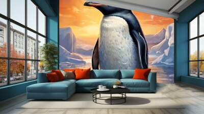 A majestic Gentoo penguin stands on an icy floe with a vibrant sunset in the background, casting a warm glow on the serene Antarctic landscape. Wall mural