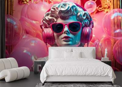 A quirky and colorful image of a classical statue wearing bright pink sunglasses and headphones, surrounded by pink balloons. This modern twist on a classical art piece creates a playful and vibrant Wall mural