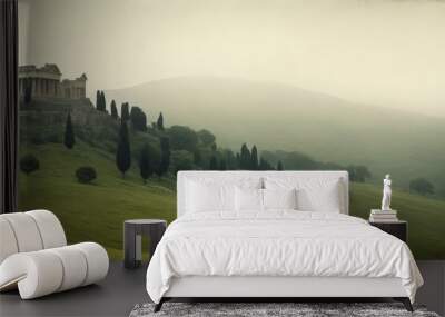 A serene landscape featuring an ancient temple perched on a misty hillside. The fog adds a mystical atmosphere, enhancing the historical and tranquil feel of the scene. Perfect for themes of history Wall mural