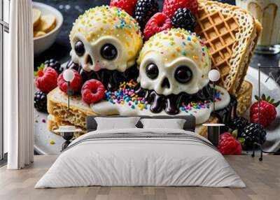 A spooky yet delightful Halloween dessert featuring two skull-shaped ice cream scoops atop waffles, garnished with fresh berries and colorful sprinkles, creating a fun and eerie treat. Wall mural