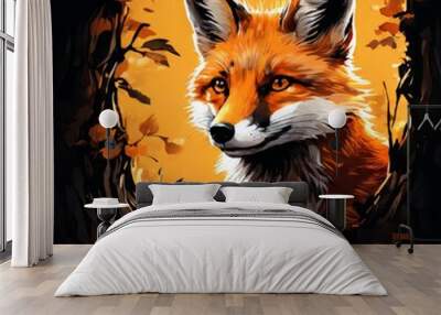 A stunning illustration of a red fox surrounded by warm, golden autumn leaves. The fox gazes intently, embodying the beauty of nature and the changing seasons in this enchanting forest scene. Wall mural