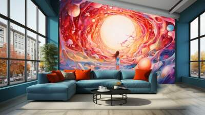 A surreal image of a figure walking towards a glowing central light through a swirling cosmic environment filled with vibrant colors and abstract shapes. The scene feels dreamlike and mystical Wall mural