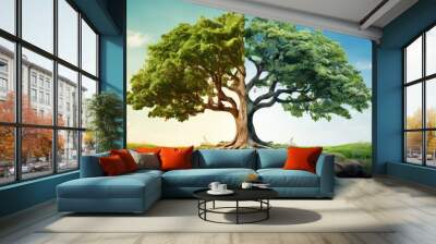 A tree split between two contrasting landscapes, one vibrant and green, the other barren and dry, represents the duality of nature and balance between life and decay. The image highlights the delicate Wall mural