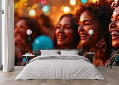 A vibrant image of a group of young women joyfully celebrating at a party, surrounded by bright lights and colorful confetti. Their laughter and energy create an atmosphere of fun and togetherness Wall mural