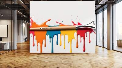 A vibrant image of a paintbrush with colorful, dripping rainbow hues spreading across a white background, symbolizing creativity, imagination, and the beauty of art. Wall mural