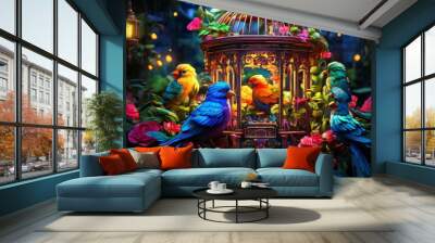 A vibrant scene featuring colorful birds perched on an intricately designed birdcage surrounded by lush greenery and flowers. The lively setting and vivid colors create a whimsical and enchanting Wall mural