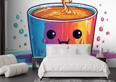 A whimsical digital illustration featuring a colorful cup filled with liquid, adorned with a cute and expressive face. The design combines vibrant hues and playful elements, making it perfect for Wall mural