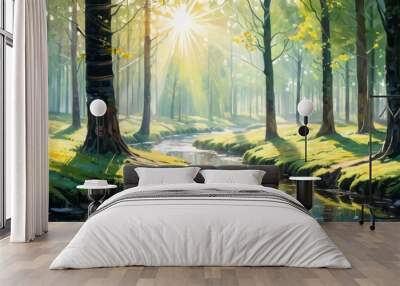 Artistic watercolor illustration of a serene forest creek bathed in sunlight with lush green trees and reflective water. Wall mural