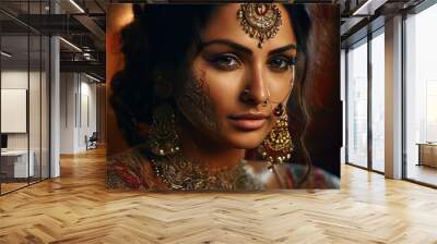 Beautiful portrait of a woman adorned in traditional Indian bridal jewelry and attire, highlighting cultural richness and intricate details. Ideal for cultural and wedding themes. Wall mural