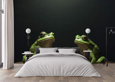 Dramatic Encounter of Two Frogs depicts two vibrant frogs in conversation, sitting opposite each other with a spotlight illuminating them. AI Generated Wall mural