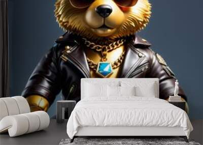 Golden teddy bear wearing sunglasses and a leather jacket, exuding a cool and stylish vibe. The bear's metallic sheen and fashionable accessories make it a unique and eye-catching subject, blending Wall mural