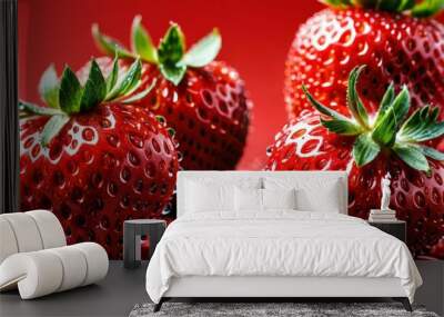 Juicy, vibrant strawberries covered in glistening water droplets, set against a rich red background. The close-up captures their freshness and texture, making them look irresistible and perfect for Wall mural