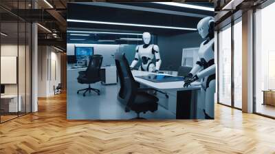 Robotic Colleagues in Futuristic Office depicts two humanoid robots working in a sleek, modern office environment. AI Generated Wall mural