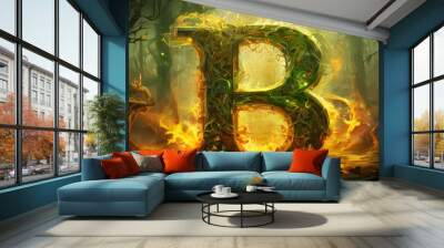 The letter B surrounded by flames and lush green vines in a glowing, enchanted forest. This image blends natural elements with fantasy, evoking both warmth and mystical energy. Wall mural