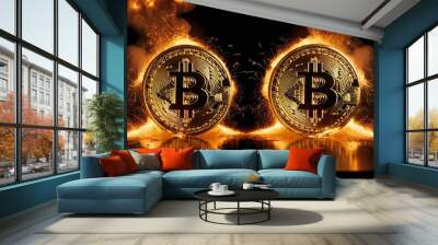 Two Bitcoin symbols stand side by side, shrouded in fire and smoke, representing the surge of interest and the fierce competition in the cryptocurrency market. The fiery effect emphasizes the high Wall mural