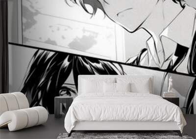 Black and white manga page with two panels introducing school girl and boy Wall mural