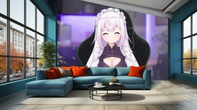 Cute 2D anime girl maid streamer vtuber on gaming chair in kitchen make cute face Wall mural