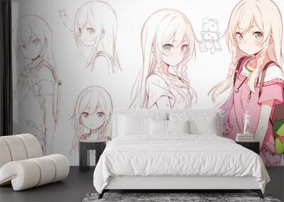 Hand drawn line art of an anime girl in multiple poses and finished digital illustration Wall mural